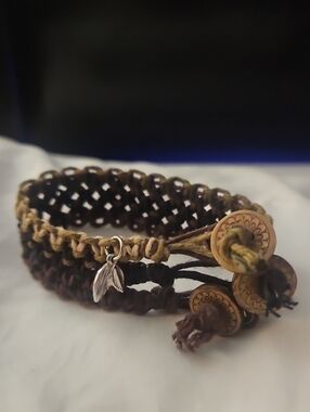 Handmade Brown and Tan Woven Hemp Bracelet with Charm